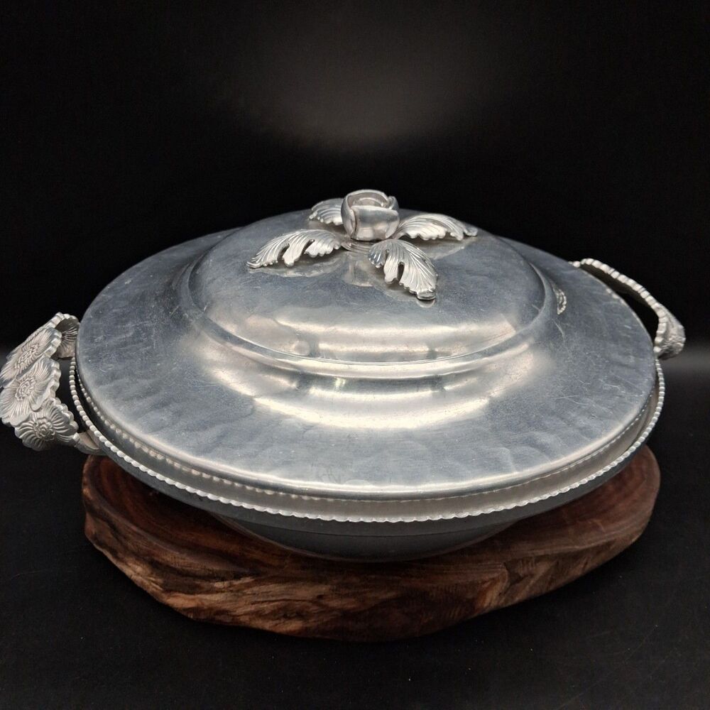 Vintage Continental Hand Wrought Silverlook Aluminum Casserole Server Rose 505